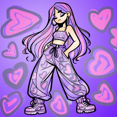 girl in baggy pants crop top and long hair