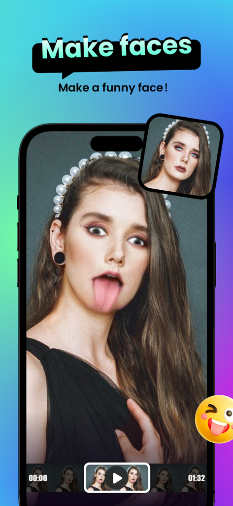 SnapMe app interface showing a funny face morph feature with a girl making a silly expression