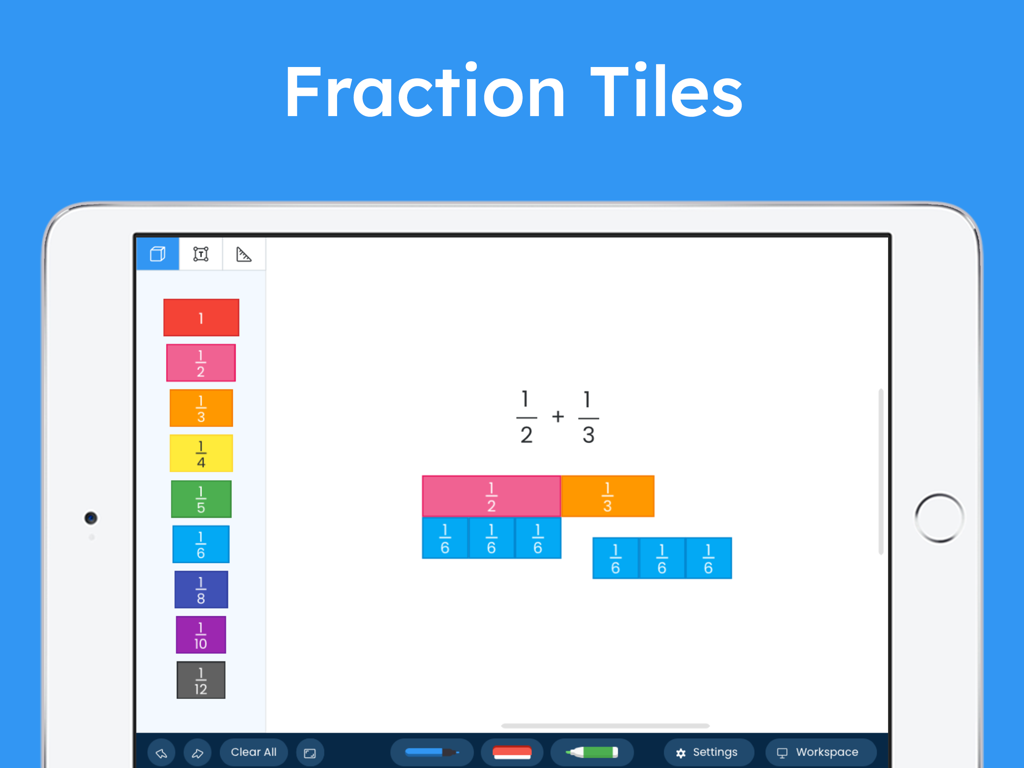 Brainingcamp app interface showing digital fraction tiles on an iPad screen