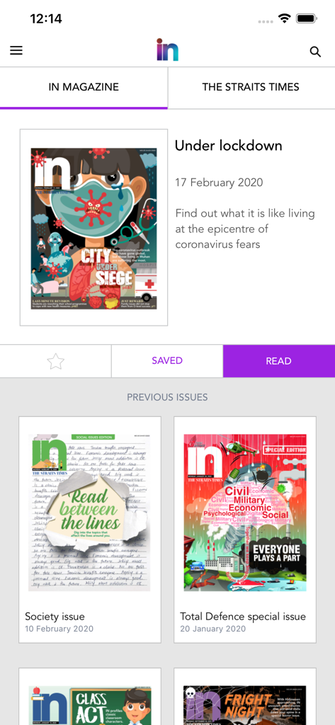 The Straits Times IN - Interface of The Straits Times IN app showing current and previous magazine issues for students