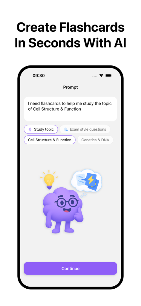 BrainDeck: AI Flashcards - BrainDeck app interface showing an AI prompt to generate flashcards for biology topics like Cell Structure and Function.