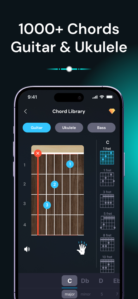 Pantalla de la biblioteca de acordes en la aplicación IGuitar que muestra un diagrama de acorde de Do mayor para guitarra con posiciones de dedos