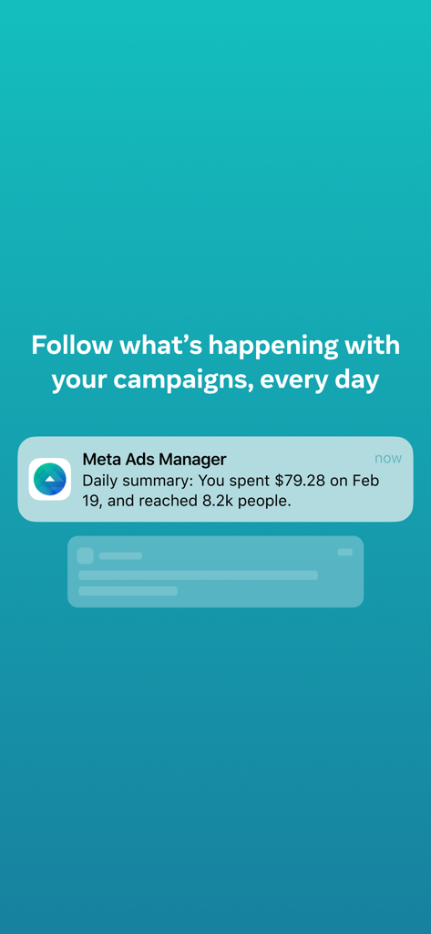 Meta Ads Manager app notification showing a daily summary of campaign spend and reach