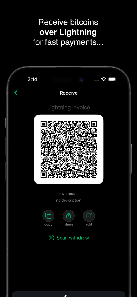 Phoenix Wallet - Phoenix Wallet app screen displaying a QR code for receiving Bitcoin payments over the Lightning Network