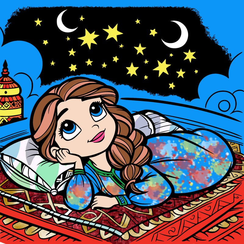 a princess lying on her back on a blanket, looking up at the stars with a dreamy expression.