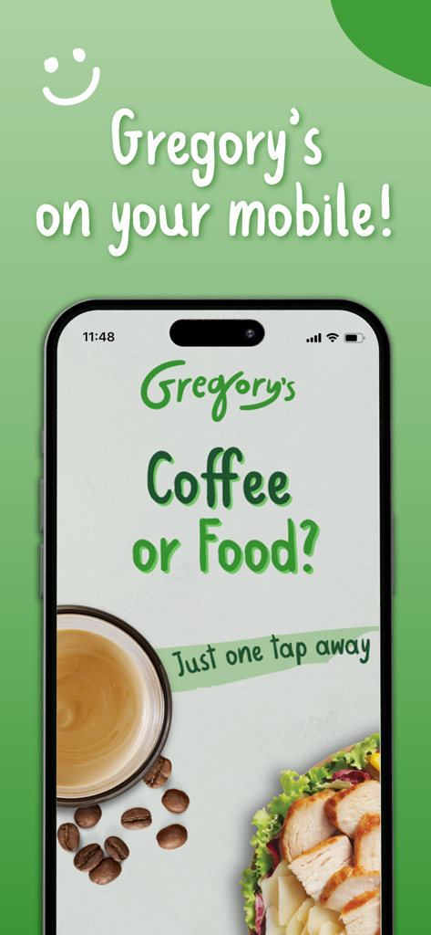 Gregory’s eorder - Gregorys eorder mobile app welcome screen for ordering coffee and food
