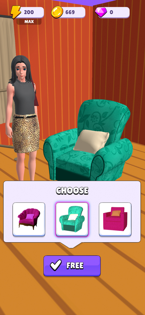 Fashion Merge Game: Super Life - Un personaje femenino elige un sillón verde estampado entre tres opciones de muebles para la decoración de la habitación