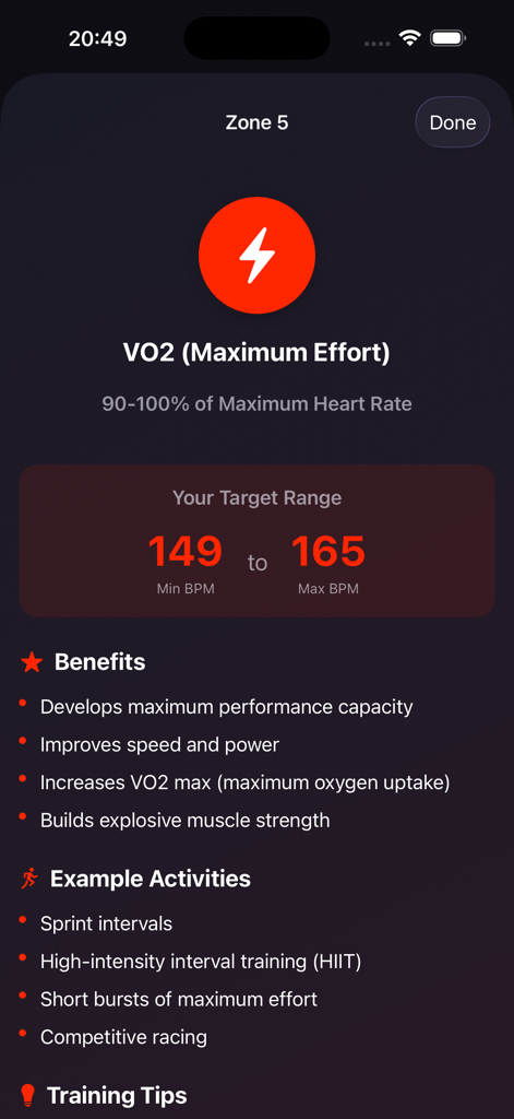 HRZones app screen showing Zone 5 VO2 maximum effort details including BPM range and benefits