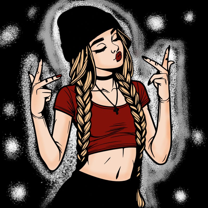 realistic teenage girl with braids and a beanie and crop top doing 🫶🏼