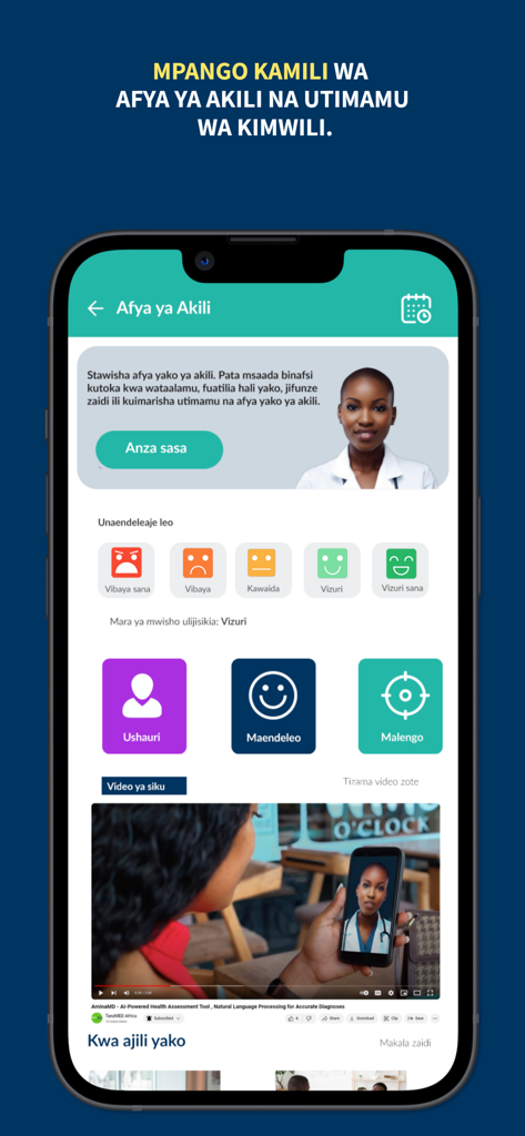 TanzMED app mental health interface showing mood tracking icons and consultation services in Swahili.