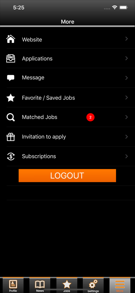Menu do usuário no aplicativo Latest Pilot Jobs com empregos correspondentes e opções de gerenciamento de candidaturas