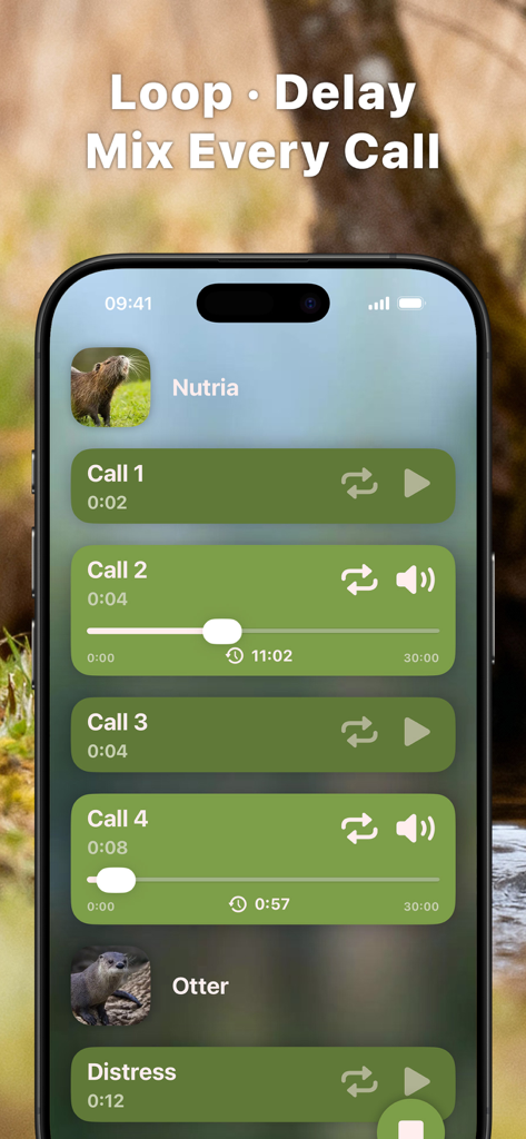 Hunting Calls: Nutria & Otter - Interfaz de la aplicación Llamadas de Caza Nutria y Lontra que muestra una lista de llamadas de sonido de nutrias y lontras con opciones de bucle y retardo.
