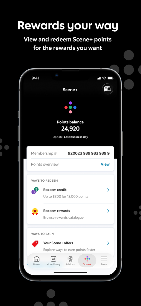 Scotiabank - Tableau de bord des récompenses Scene Plus de l'application mobile Scotiabank affichant le solde des points et les options d'échange.