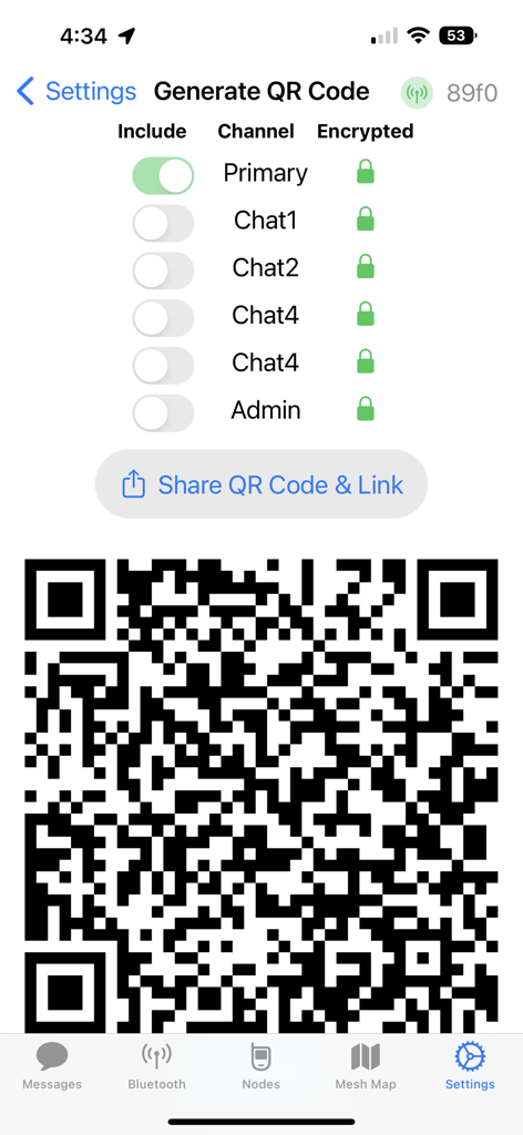 Meshtastic App Bildschirm, der zeigt, wie ein QR-Code zum Teilen verschlüsselter Mesh-Netzwerkkanäle generiert wird.