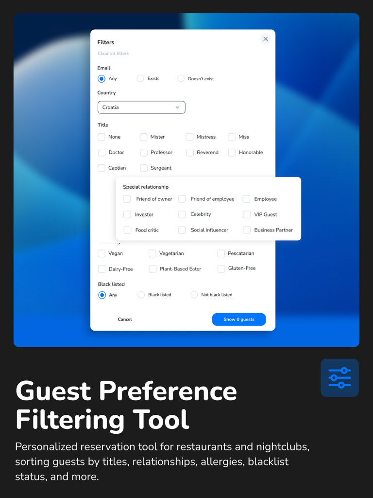 dotyourspot business | tablet - レストランおよびナイトクラブの予約管理のためのゲストの好みフィルタリングツール