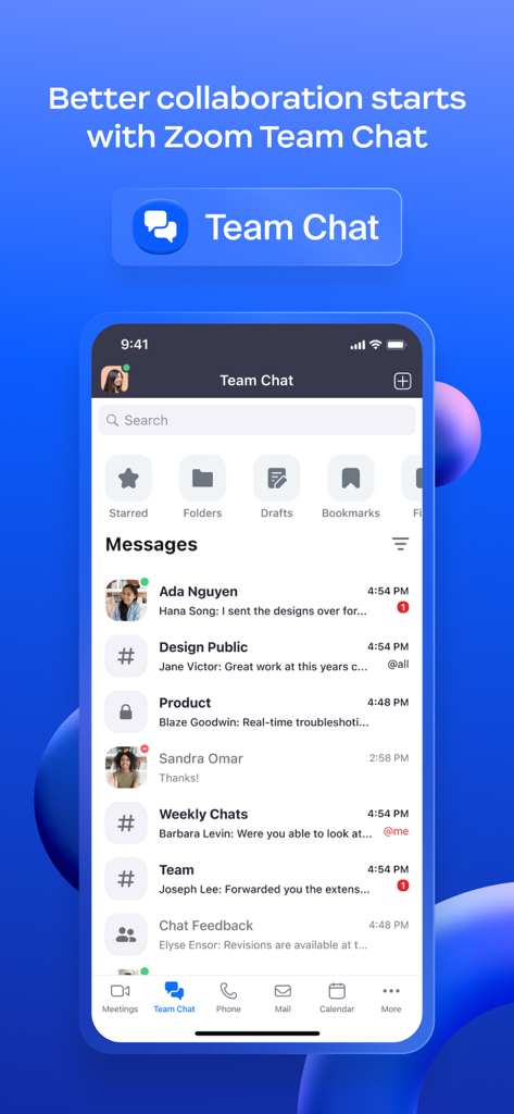Zoom Workplace for Intune - Zoom Workplace for Intune의 모바일 인터페이스로 활성 메시지 목록 표시 중인 팀 채팅 화면 표시
