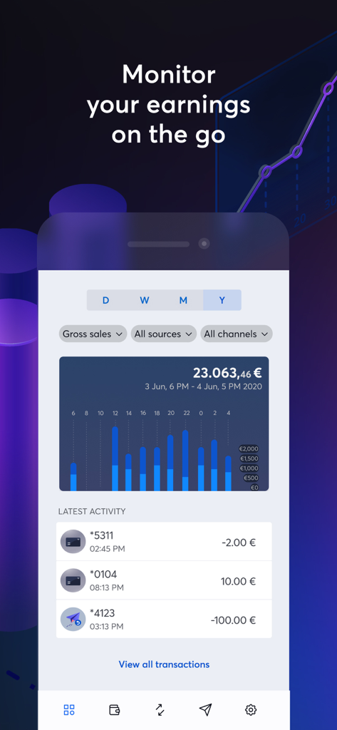 viva.com - Dashboard móvil de la app viva com mostrando analíticas de ventas e historial de transacciones