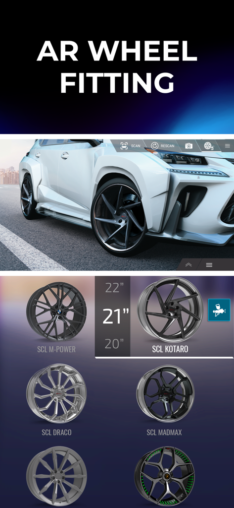 Formacar: Buy Car & Customize - Formacar app interface showing the AR wheel fitting feature with various rim options and sizes for car customization