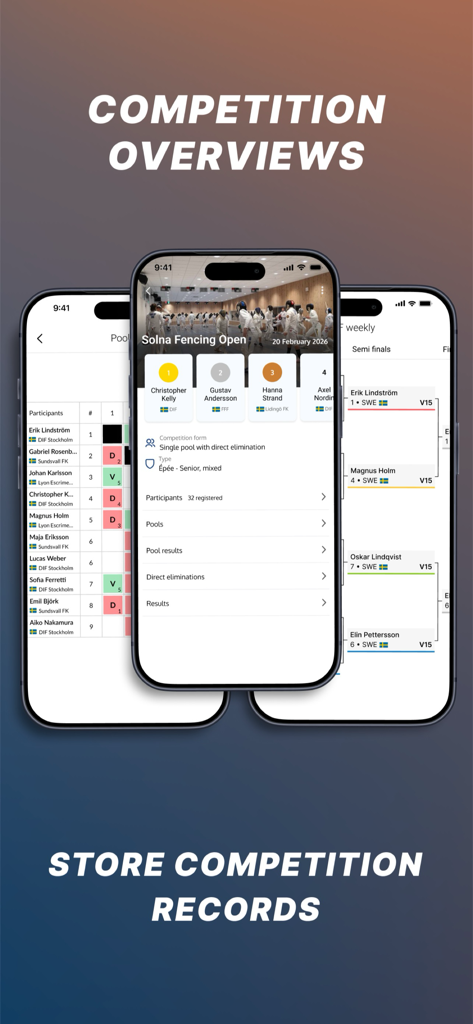 Fencer - Interface of the Fencer app showing competition details, pool results, and direct elimination brackets.