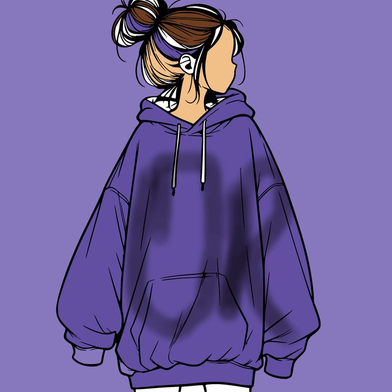 realistic girl with a oversized sweatshirt on and a bun