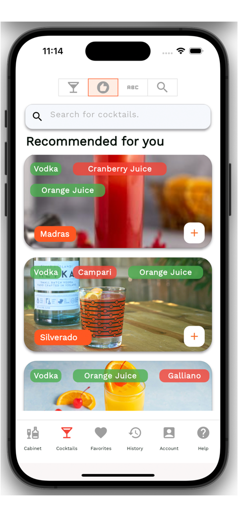 Bartifier - Bartifier app displaying recommended cocktail recipes with ingredient tags