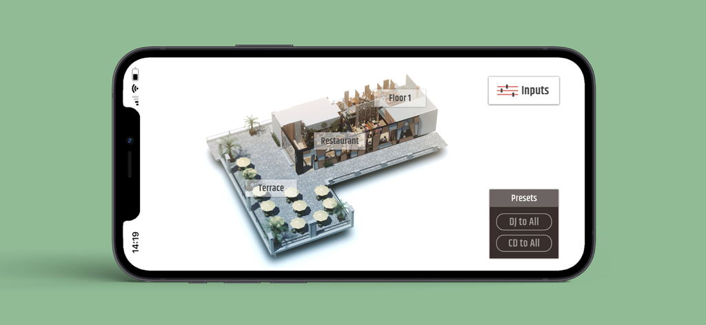 A smartphone displaying the QUESTRA Panels app with a 3D floor plan of a restaurant for multi-zone audio control.
