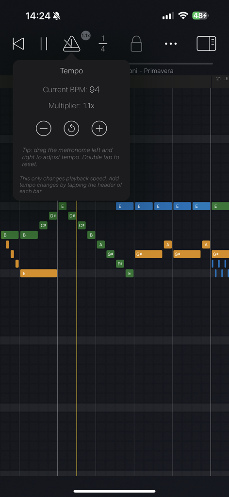 Interfaz de la aplicación Sequincer MIDI Sequencer mostrando controles de tempo y notas musicales de colores en una cuadrícula