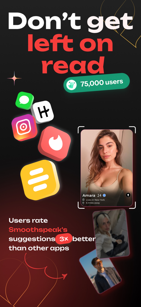 Promotional screen for Smoothspeak AI Rizz Keyboard showing dating app icons and a profile screenshot with the text Don't get left on read