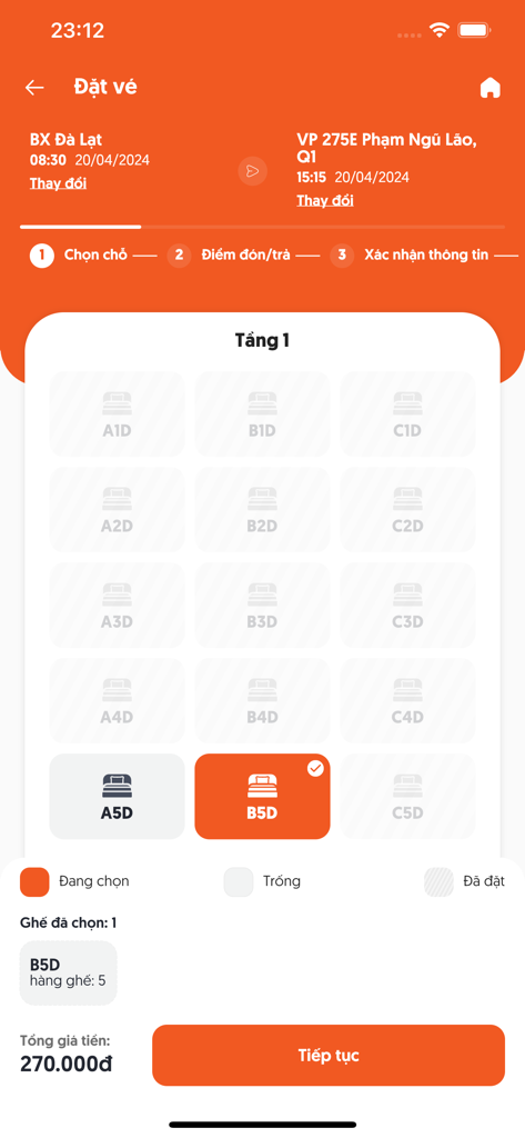 Kumho Samco Buslines - Interface de l'application Kumho Samco pour la sélection des sièges dans un bus-couchette de Dalat à Ho Chi Minh Ville.