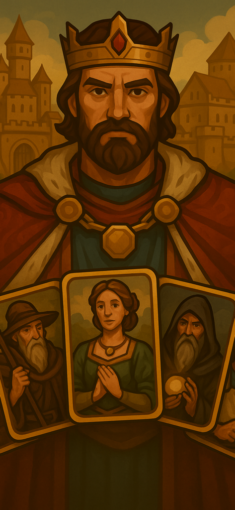 Kingdom Throne Simulator - Illustration of a bearded king in Kingdom Throne Simulator with character cards representing the Queen, a cleric, and a peasant.