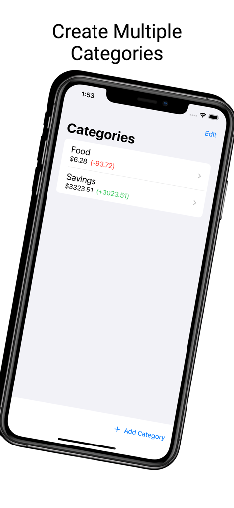 Tela do iPhone mostrando a interface do aplicativo Budgeter com categorias de despesas e economias personalizadas