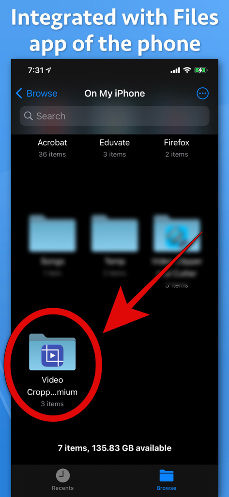 Video Cropper Premium - Screenshot showing Video Cropper Premium folder integrated within the iOS Files app on an iPhone