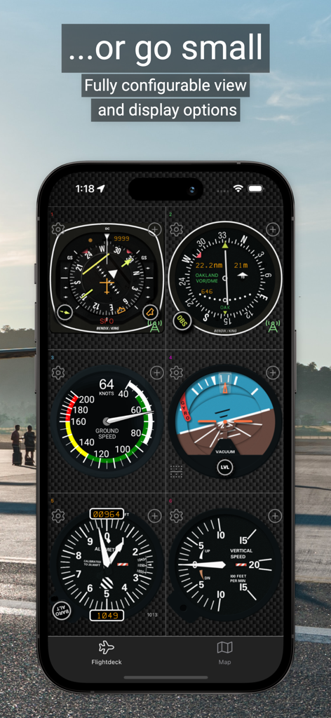 fDeck: flight instruments - fDeck App zeigt ein Raster von sechs verschiedenen Fluginstrumenten auf einem iPhone-Bildschirm.