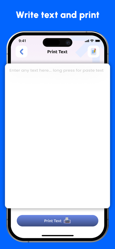 Mobile Benutzeroberfläche der Smart Printer App, die die Funktion zum Schreiben von Text und Drucken anzeigt