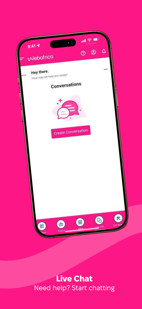 Webafrica app - Webafrica app live chat interface with create conversation button