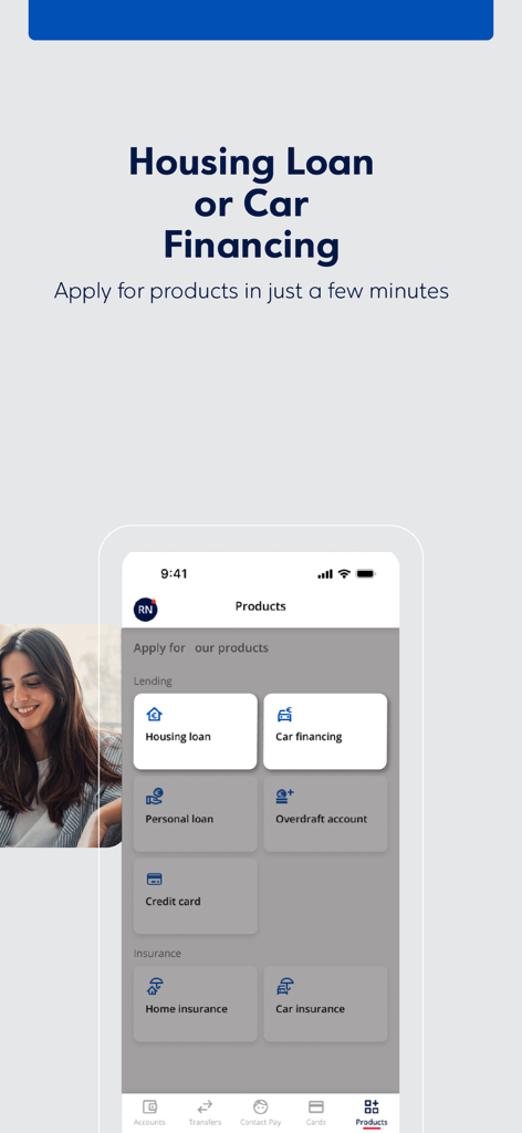 Hellenic Bank (Eurobank) - 주택 담보 대출, 자동차 할부 금융, 보험 옵션을 포함한 다양한 뱅킹 상품을 보여주는 헬레닉 은행 모바일 앱 인터페이스