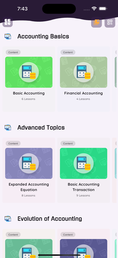 Learn Financial Accounting PRO - Interface of Learn Financial Accounting PRO app showing a menu of lessons for basics and advanced accounting topics.