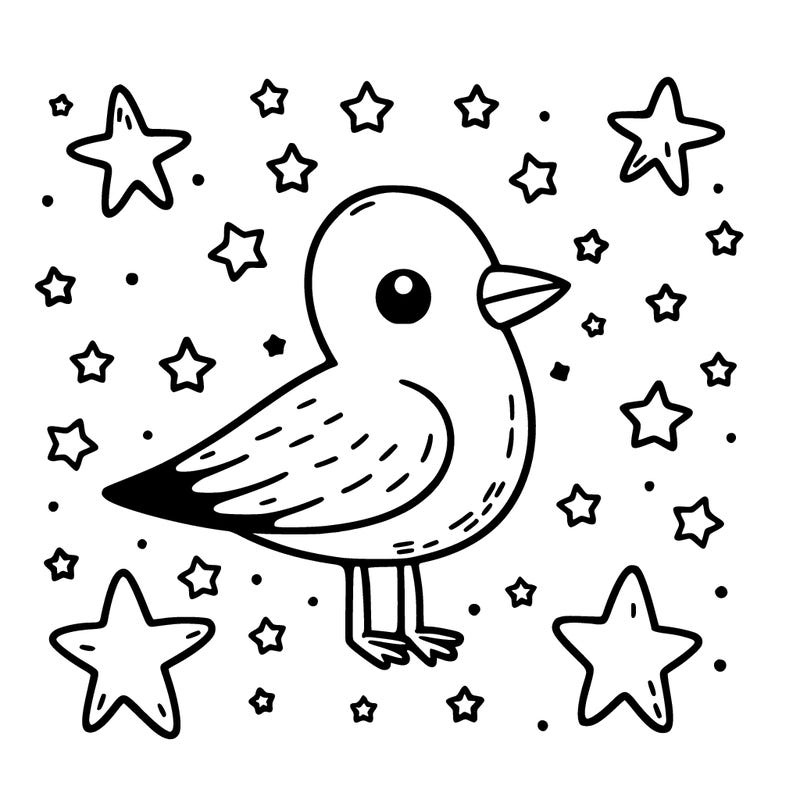 a seagull in the middle of the picture with scattered, small stars