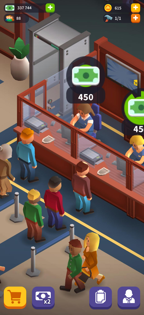Idle Bank Tycoon - Game Empire - Vista isométrica del interior de un banco donde los clientes hacen cola en los mostradores atendidos por cajeros en un juego de simulación de magnates