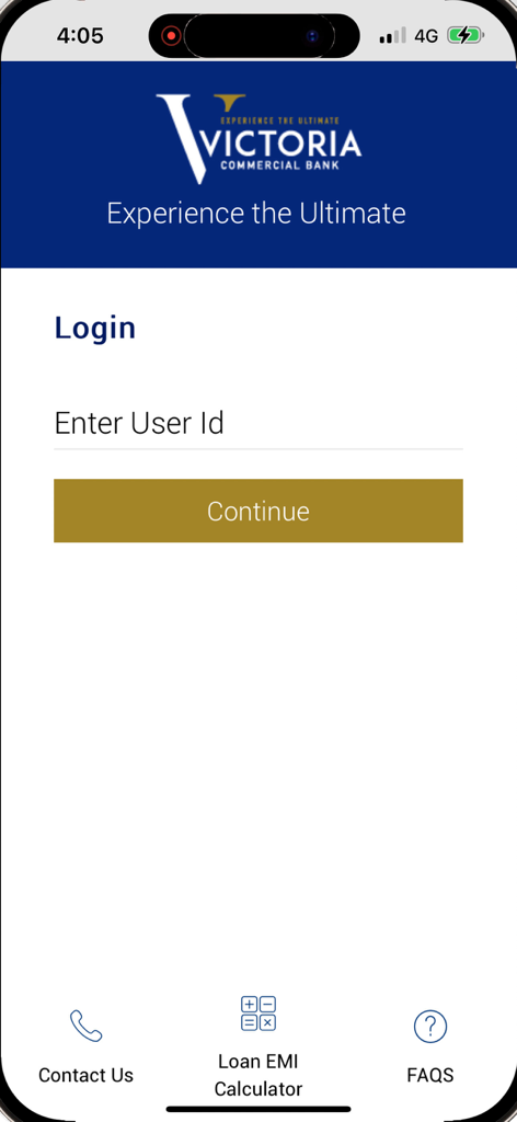 VCB - VCBモバイルアプリのログイン画面、ユーザーID入力フィールド付き