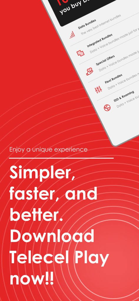 Telecel Play (Ghana) - Promotional screenshot of the Telecel Play Ghana app showing bundle categories and a call to download