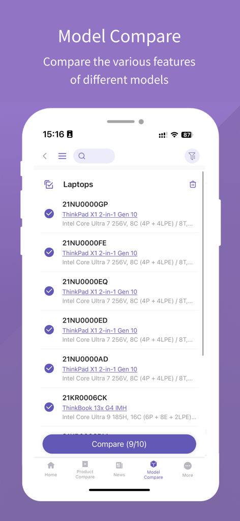 Lenovo PSREF - Lenovo PSREF app interface showing a list of selected laptop models for technical comparison