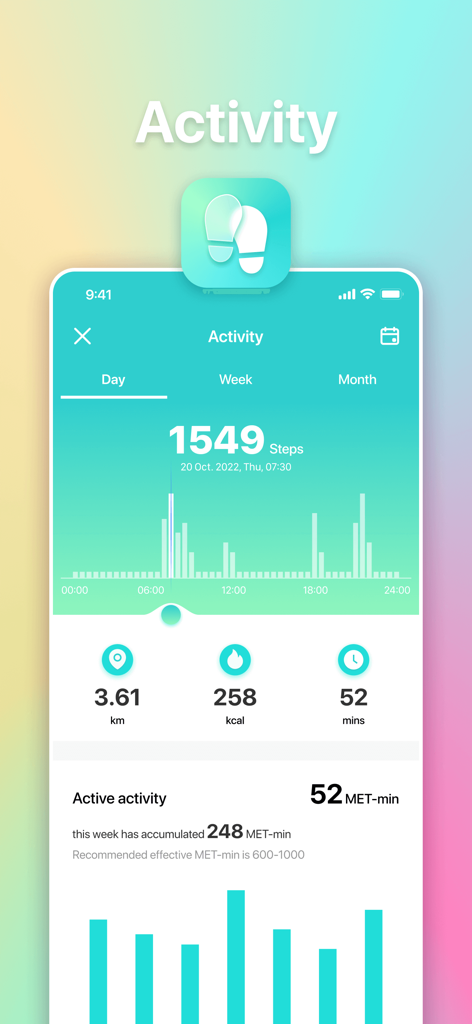 ADVAN SW - ADVAN SW app interface displaying daily activity metrics including steps, distance, calories, and MET-min data.