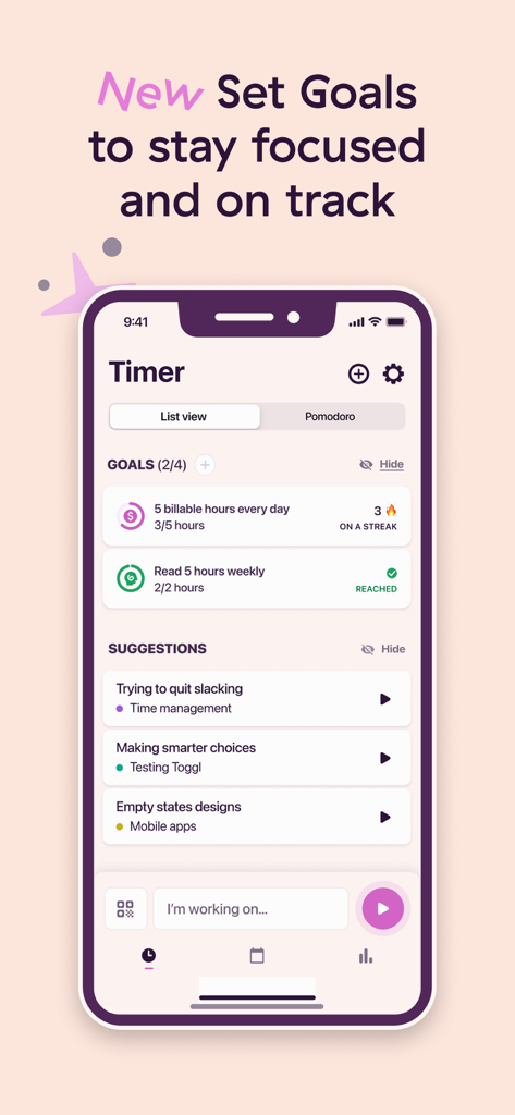Toggl Track mobile app screen showing goal setting for billable hours and personal tasks