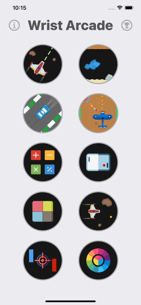 Pantalla de selección principal de la aplicación Wrist Arcade con iconos para 10 minijuegos