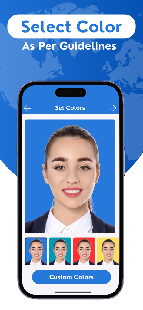 A mobile interface for the Passport Photo Maker app showing options to change the ID photo background color among blue red and yellow