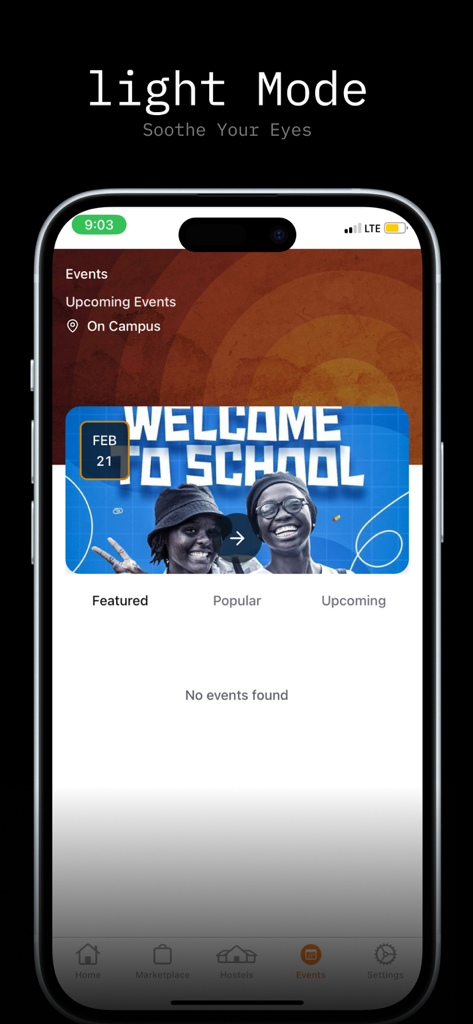 Interfaccia dell'app mobile KTU SRC che mostra la sezione eventi del campus in modalità chiara.