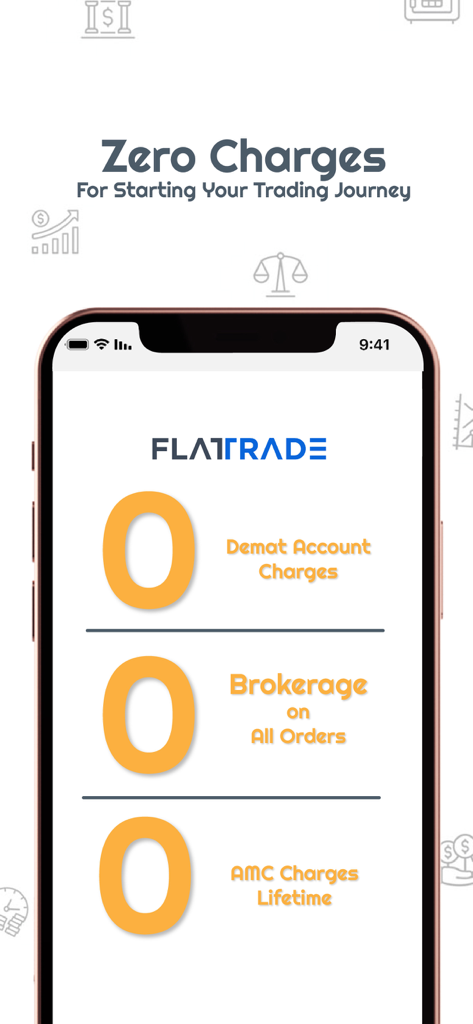 Écran de l'application FLATTRADE soulignant les frais de compte Demat nuls, le courtage nul sur toutes les commandes et les frais d'entretien annuels gratuits à vie.