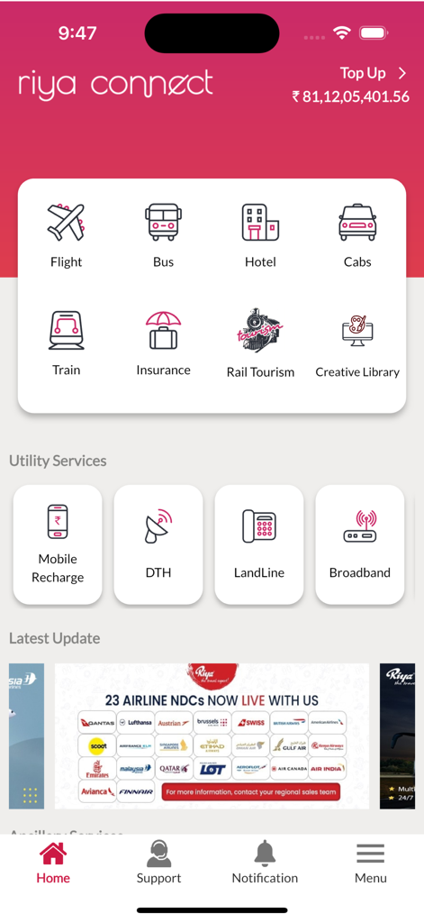 Riya Connect For Travel Agents - Pantalla de inicio de la aplicación B2B para agentes de viajes Riya Connect con iconos de reserva de vuelos, hoteles y trenes con opciones de servicios públicos
