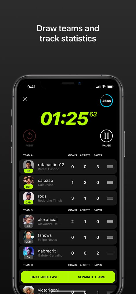 Interface of the Appito app showing real-time soccer match tracking with player stats and a game timer.